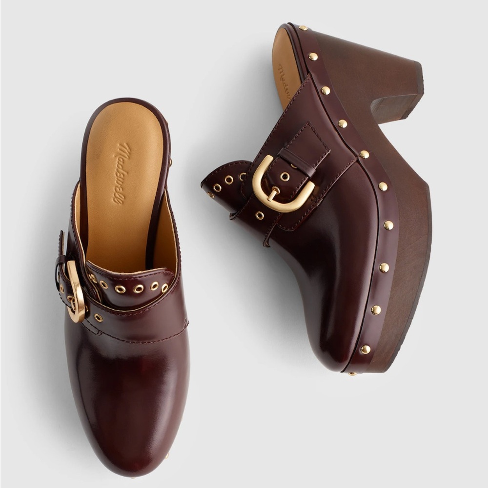 Madewell Dark Brown Leather Mules with Gold Buckle